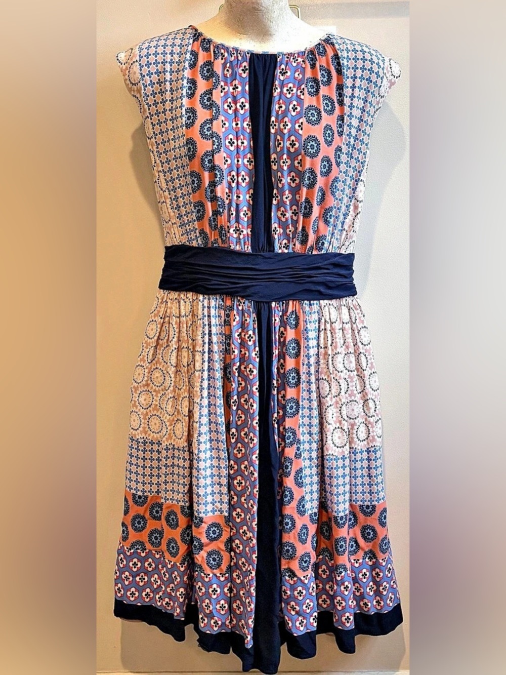 Boden Mulitcolor Patterned Midi Dress in Navy, Blue and Coral Button Back